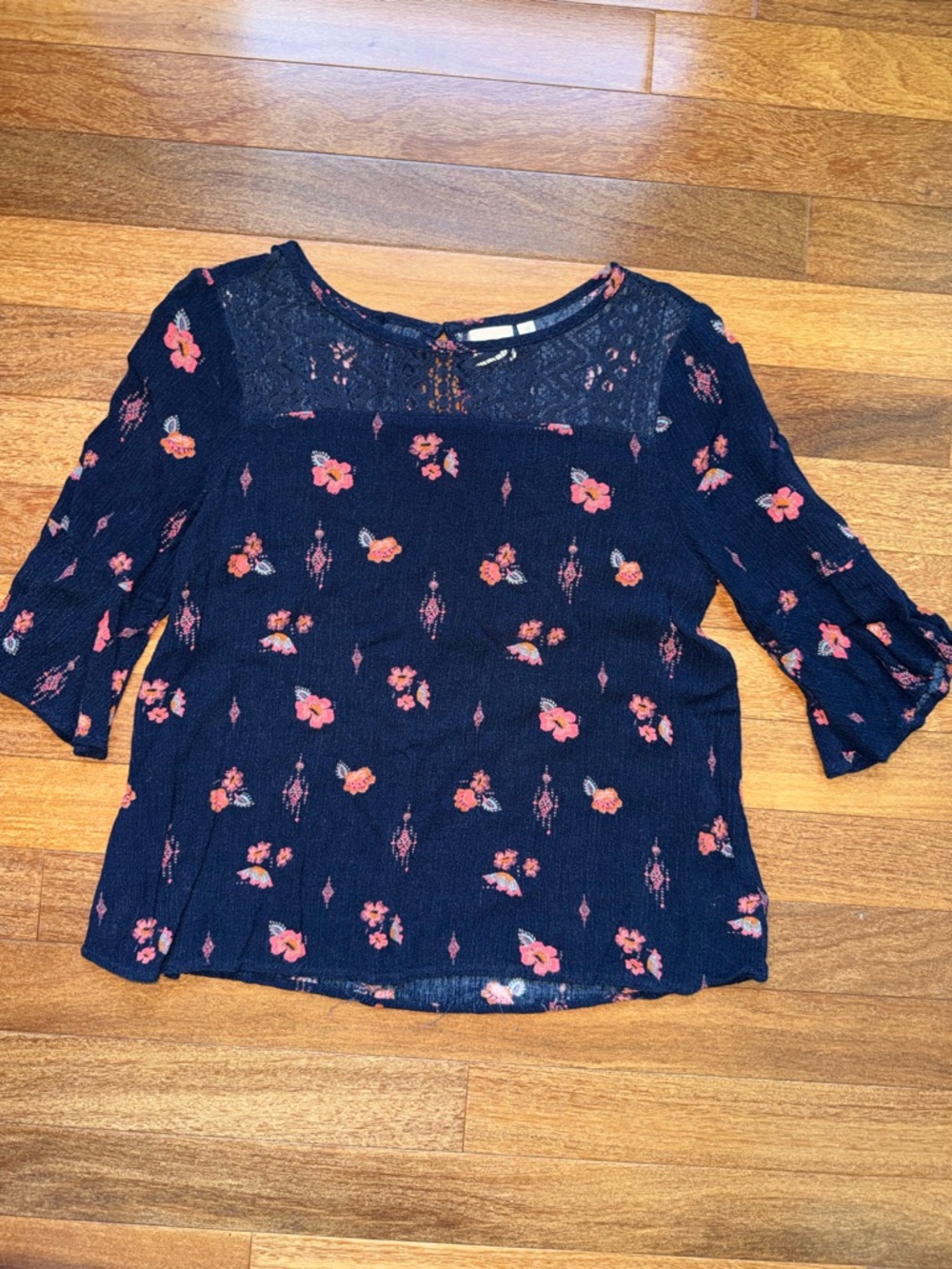 Mudd Navy Lace Yoke Floral Blouse with Pink Accents